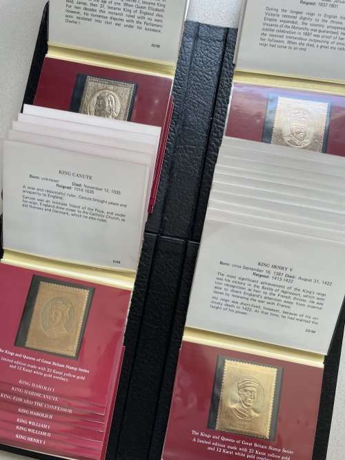 1977 GOLD STAMP SERIES of the Kings and Queens of Great Britain, full set of 49 23K gold foil stamps